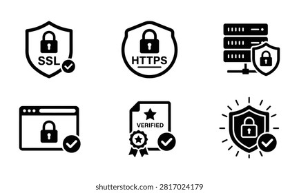 Website data safety and internet privacy icon collection. Set of simple flat vector icons representing SSL certificate, HTTPS connection, secure network storage server, verified trust badge, and computer browser encryption lock
