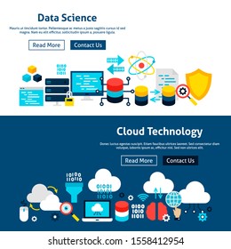 Website Data Science Banners. Vector Illustration for Web Header. Technology Flat Design.