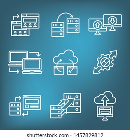 Website Data Transfer Icon Set with laptops, arrows, and imagery of transfer