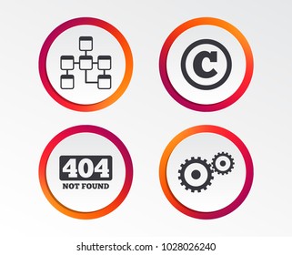 Website database icon. Copyrights and gear signs. 404 page not found symbol. Under construction. Infographic design buttons. Circle templates. Vector