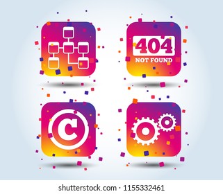 Website database icon. Copyrights and gear signs. 404 page not found symbol. Under construction. Colour gradient square buttons. Flat design concept. Vector