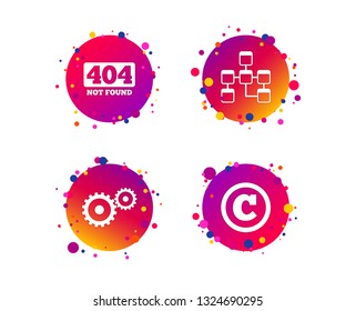 Website database icon. Copyrights and gear signs. 404 page not found symbol. Under construction. Gradient circle buttons with icons. Random dots design. Vector