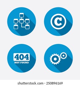 Website database icon. Copyrights and gear signs. 404 page not found symbol. Under construction. Circle concept web buttons. Vector