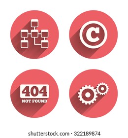 Website database icon. Copyrights and gear signs. 404 page not found symbol. Under construction. Pink circles flat buttons with shadow. Vector