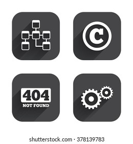 Website database icon. Copyrights and gear signs. 404 page not found symbol. Under construction. Square flat buttons with long shadow.