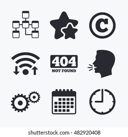 Website database icon. Copyrights and gear signs. 404 page not found symbol. Under construction. Wifi internet, favorite stars, calendar and clock. Talking head. Vector