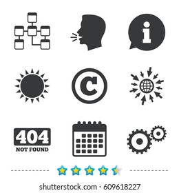 Website database icon. Copyrights and gear signs. 404 page not found symbol. Under construction. Information, go to web and calendar icons. Sun and loud speak symbol. Vector