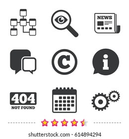 Website database icon. Copyrights and gear signs. 404 page not found symbol. Under construction. Newspaper, information and calendar icons. Investigate magnifier, chat symbol. Vector