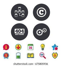 Website database icon. Copyrights and gear signs. 404 page not found symbol. Under construction. Calendar, Information and Download signs. Stars, Award and Book icons. Light bulb, Shield and Search