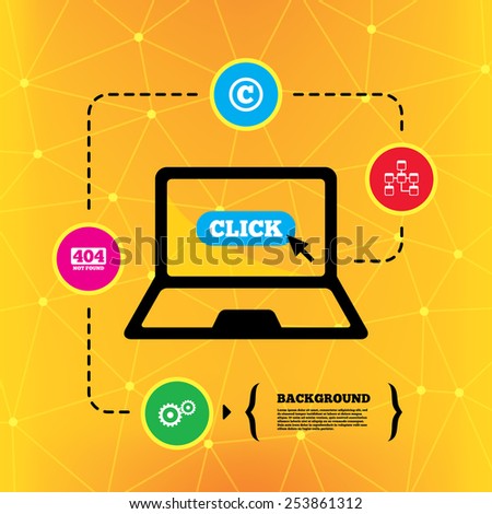 Website database icon. Copyrights and gear signs. 404 page not found symbol. Under construction. Notebook device orange background with icons. Vector