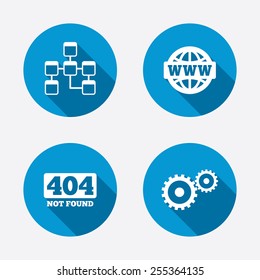Website database icon. Internet globe and gear signs. 404 page not found symbol. Under construction. Circle concept web buttons. Vector