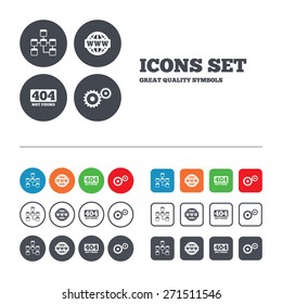 Website database icon. Internet globe and gear signs. 404 page not found symbol. Under construction. Web buttons set. Circles and squares templates. Vector