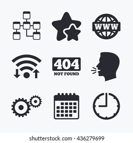 Website database icon. Internet globe and gear signs. 404 page not found symbol. Under construction. Wifi internet, favorite stars, calendar and clock. Talking head. Vector