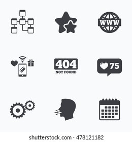 Website database icon. Internet globe and gear signs. 404 page not found symbol. Under construction. Flat talking head, calendar icons. Stars, like counter icons. Vector