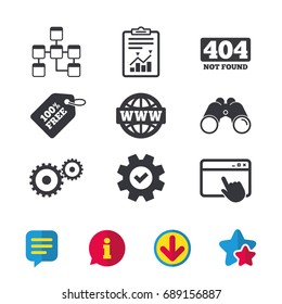 Website database icon. Internet globe and gear signs. 404 page not found symbol. Under construction. Browser window, Report and Service signs. Binoculars, Information and Download icons. Vector