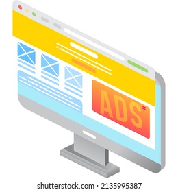 Website design for advertisement vector icon. Responsive site creation and software development. 3d isometric laptop computer isolated on white background
