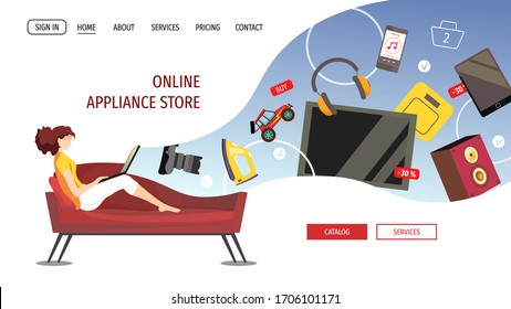 Website Design For Appliance Store, Online Shopping, Home Delivery. Young Woman Sitting On The Sofa And Ordering Products. Vector Illustration For Poster, Banner, Website, Commercial.