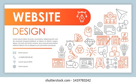Website design banner, business card vector template. Site builder. Company contacts with phone, email linear icons. Web development. Presentation, web page idea. Corporate print layout