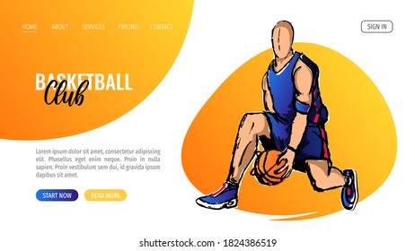 Website design with basketball player. Sketch, hand drawn style. Basketball club or school concept. Vector illustration for poster, banner.