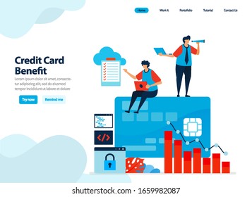 website design of benefits of using credit card. get a short-term loan with mild interest for spending. Flat illustration for landing page template, ui ux, website, mobile app, flyer, brochure, ads