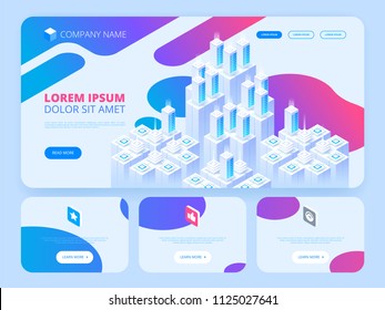 Website design. Big data center and cloud storage technology. Vector isometric illustration template for website and mobile website design and development. Creative concept easy to edit and customize