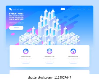 Website design. Big data center and cloud storage technology. Vector isometric illustration template for website and mobile website design and development. Creative concept easy to edit and customize