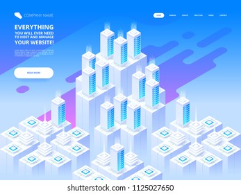 Website design. Big data center and cloud storage technology. Vector isometric illustration template for website and mobile website design and development. Creative concept easy to edit and customize