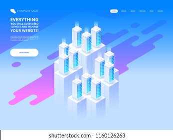 Website design. Big data center and cloud storage technology. Vector isometric illustration template for website and mobile website design and development. Creative concept easy to edit and customize