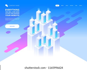 Website design. Big data center and cloud storage technology. Vector isometric illustration template for website and mobile website design and development. Creative concept easy to edit and customize