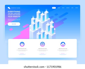 Website design. Big data center and cloud storage technology. Vector isometric illustration template for website and mobile website design and development. Creative concept easy to edit and customize