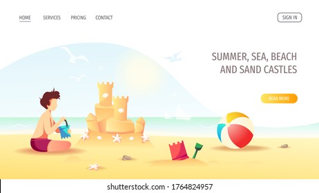 Website design with boy building a sand castle on the seashore. Vector Illustration for Beach Holidays, Summer vacation, Leisure, Recreation, Nature, Childhood.