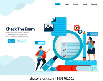 website design of checking exams and surveys, evaluating student exam results and learning effectiveness. Flat illustration for landing page template, ui ux, website, mobile app, flyer, brochure, ads