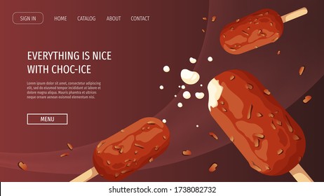 Website design with choc-ice for Ice cream parlor or shop, Sweet products, Dessert. Vector illustration for poster, banner, website, commercial, advertising, menu. 
