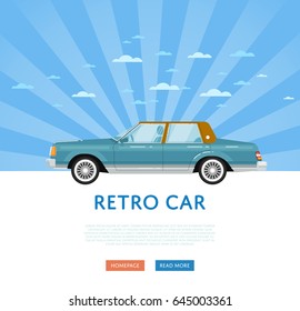 Website design with classic retro sedan. Vintage old school family auto vehicle on blue striped background banner. Auto business, sale or rent transport online service vector illustration concept