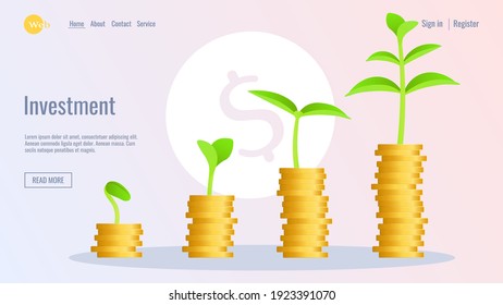 Website design. Coins with sprouts, coin background. Bank, budget, finance, savings, profit concept. Vector illustration for flyer, poster, banner, advertising, website development. 