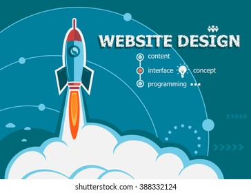 Website design and concept background with rocket. Project Website design concepts for web banner and printed materials.