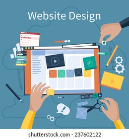 Website design concept. Hands that design web site with different blocks. Tablet pc interface. Big Touch pad buttons in flat design style