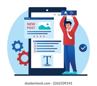 Website design concept. Man designs interface for program, software or application on smartphone, ui and ux elements. Freelancer and graphic designer at workplace. Cartoon flat vector illustration