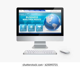 Website Design Concept. Realistic Computer Monitor, Keyboard and Mouse with Business Web Screen Isolated. Gadget Mock Up Use for Template Presentation, Layout Page, Application. Vector Illustration.