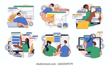 Website design concept set for web design. Collection with people building responsive wireframe site layout, create application pages, more. Flat vector illustration isolated on white background.