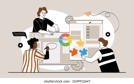 Website design concept. Team develops webpage, graphic designers work with interface. Colleagues and coworking, digital world. Creative personalities, employees. Cartoon flat vector illustration