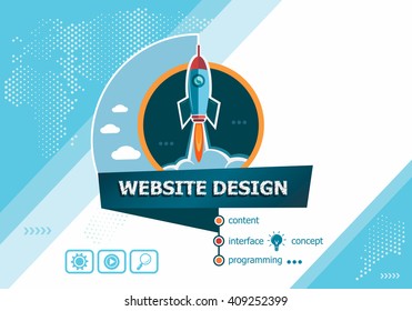 Website design concepts for business analysis, planning, consulting, team work, project management. Website design concept on background with rocket. 