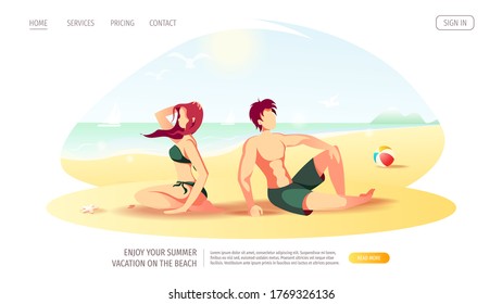 Diseño de sitios web con una pareja sentada en la arena de la orilla del mar. Ilustración vectorial para vacaciones en la playa, vacaciones de verano, ocio, recreación.