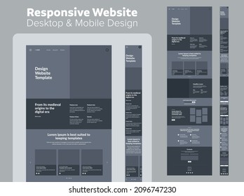 Diseño de sitio web en modo oscuro. Computadora de escritorio y wireframe móvil con capacidad de respuesta. Plantilla de página de inicio.