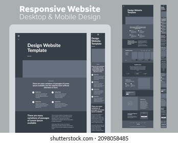 Website design dark mode. Responsive desktop and mobile wireframe. Landing page template.