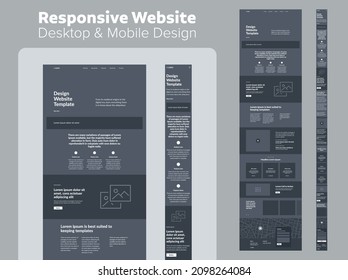 Website design dark mode. Responsive desktop and mobile wireframe. Landing page template.