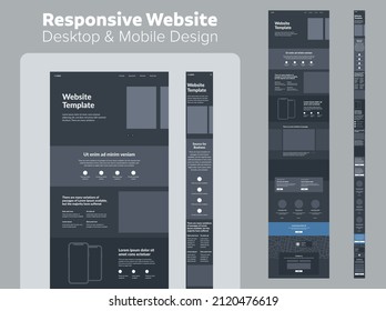 Website design dark theme. Desktop and mobile responsive wireframe template. UX UI site.