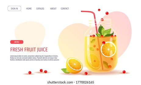 Website design for Detox, Fresh juice, Citruses, Fruits, Natural food, Healthy eating concept. Juice jar with straw, oranges, berries. Vector illustration for poster, menu, banner, web page