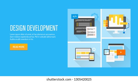 Website design and development, coding, programming, responsive template, flat banner with icons and texts