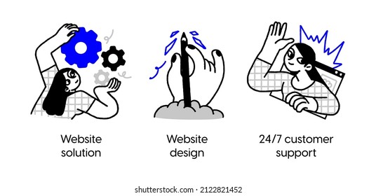 Diseño y desarrollo de sitios web - conjunto de ilustraciones de concepto de negocios. Solución de sitio web, diseño, soporte al cliente. colección de historias visuales